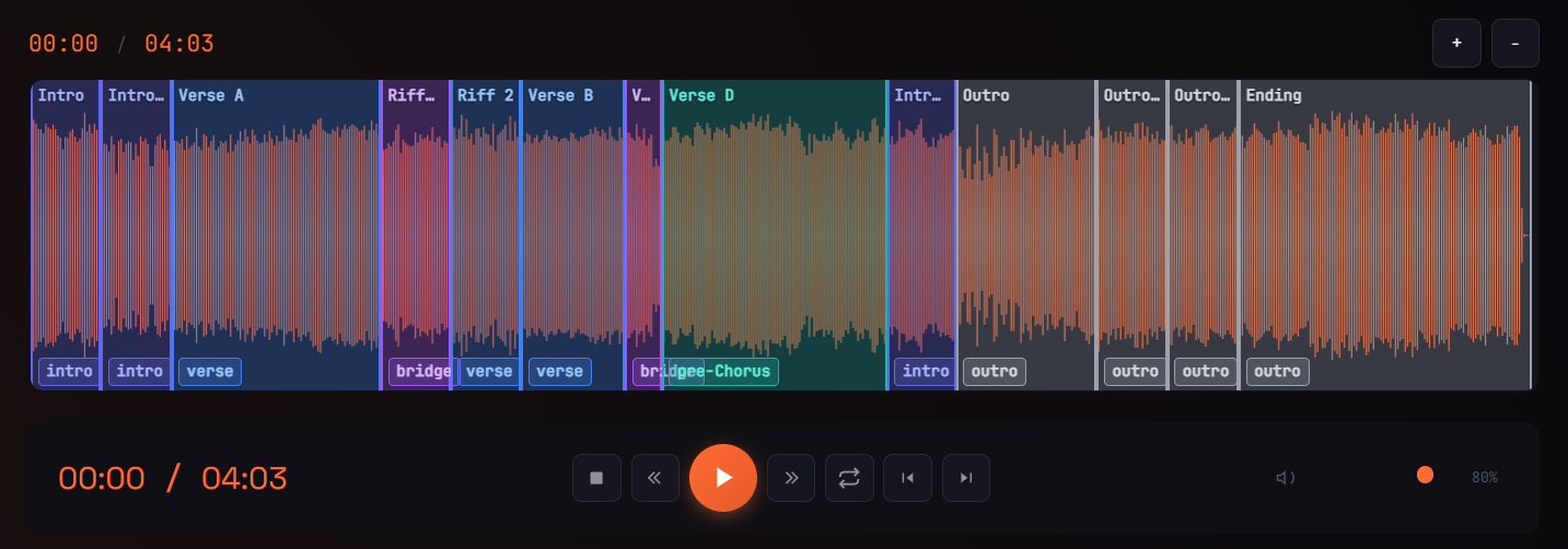 Interface do GuitarOS — player com separação de stems e visualização de waveform